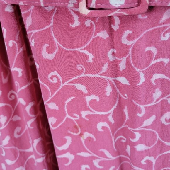 Papillon Pink 100% Silk Leaf Print Short Sleeve Belted Lined Long Wrap Dress 16 - Picture 5 of 14